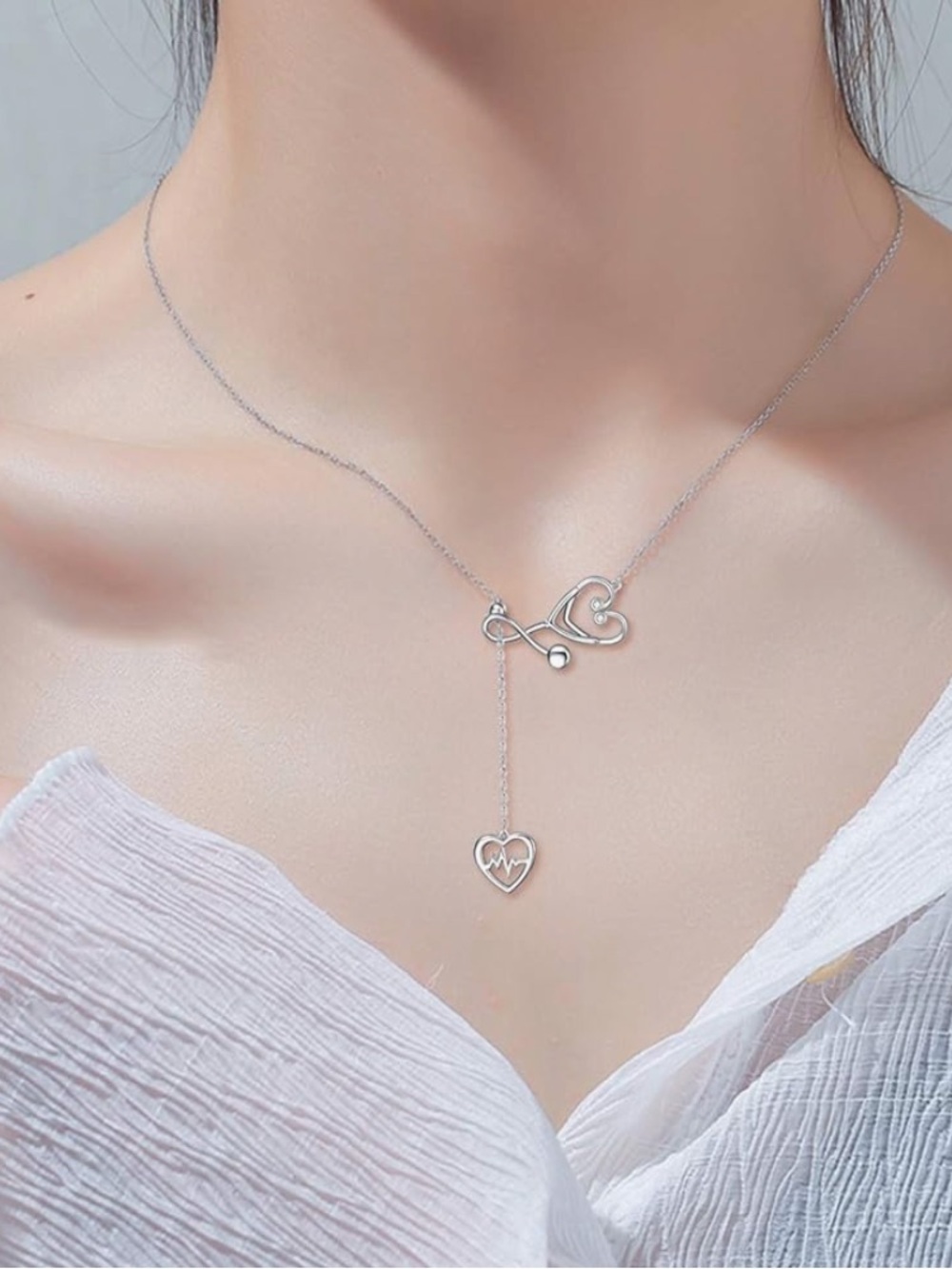 Silver Heart Lariat Necklace with Heartbeat Charm